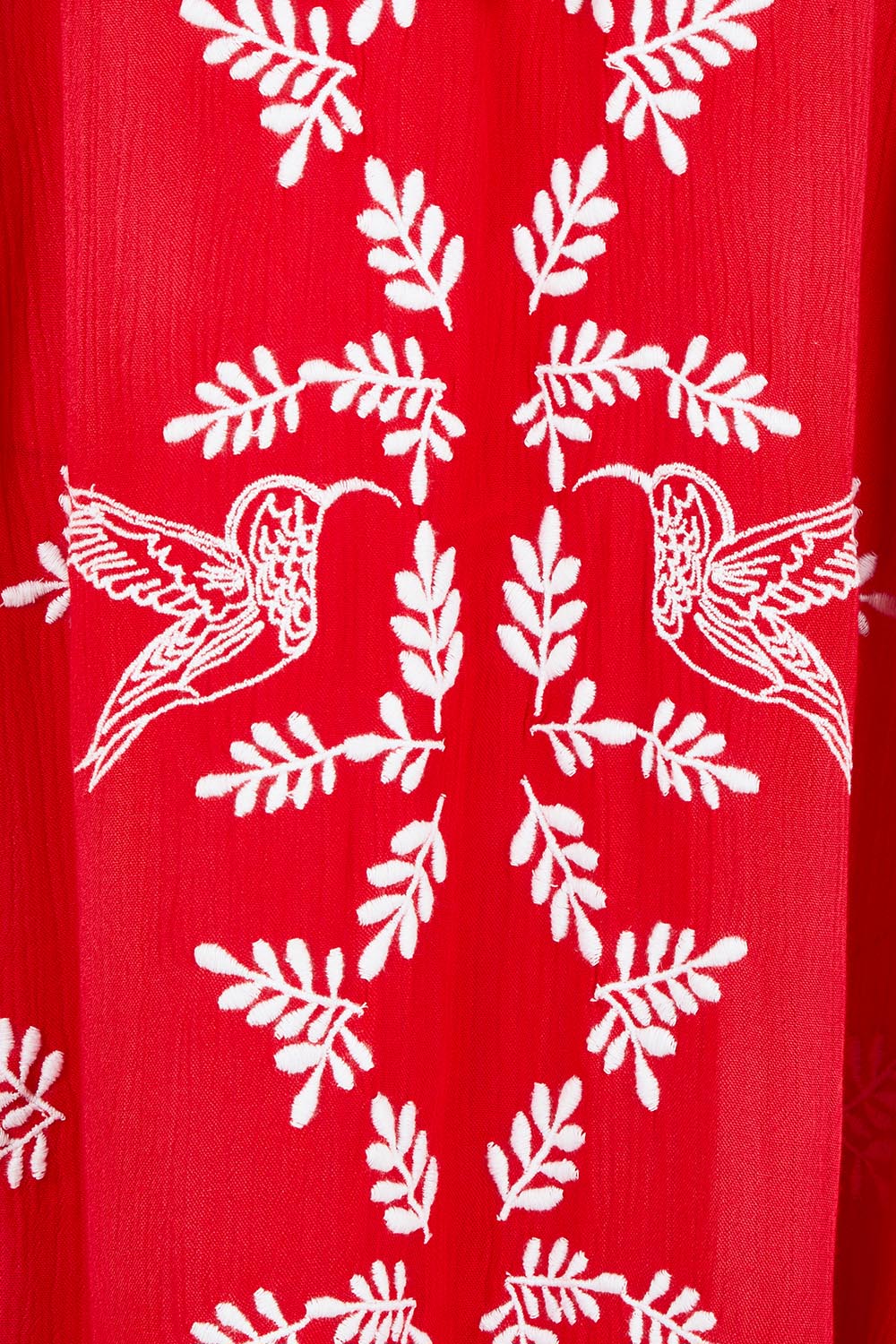 Product shot of the Dancing With Birds Midi Dress in colour Scarlet (Red), detail