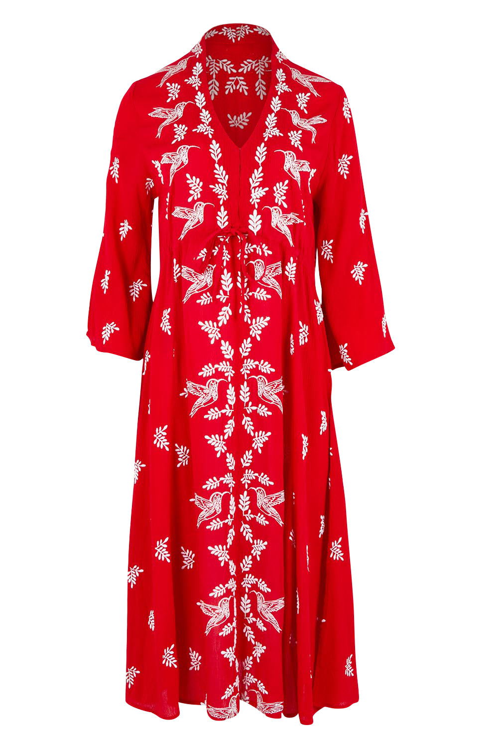 Product shot of the Dancing With Birds Midi Dress in colour Scarlet (Red), from the front