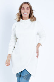 Model Jess wearing size L of the Crossing The Plains Cotton Sweater in colour Snow (White), from the front, cropped image