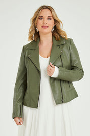 Model Jess wearing size 14 of the Urban Nomad Leather Jacket in colour Olive (Green), from the front, cropped image