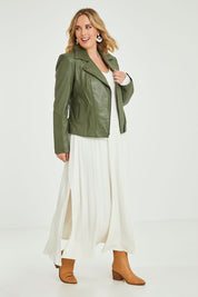 Model Jess wearing size 14 of the Urban Nomad Leather Jacket in colour Olive (Green), from the front, showing the whole outfit