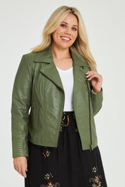 Model Katie wearing size 16 of the Urban Nomad Leather Jacket in colour Olive (Green), from the front, cropped image