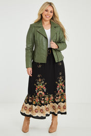 Model Katie wearing size 16 of the Urban Nomad Leather Jacket in colour Olive (Green), from the front, showing the whole outfit