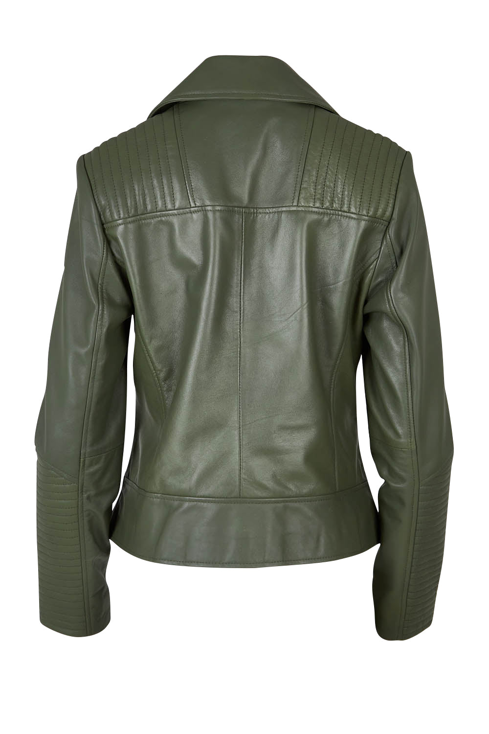 Product shot of the Urban Nomad Leather Jacket in colour Olive (Green), from the back