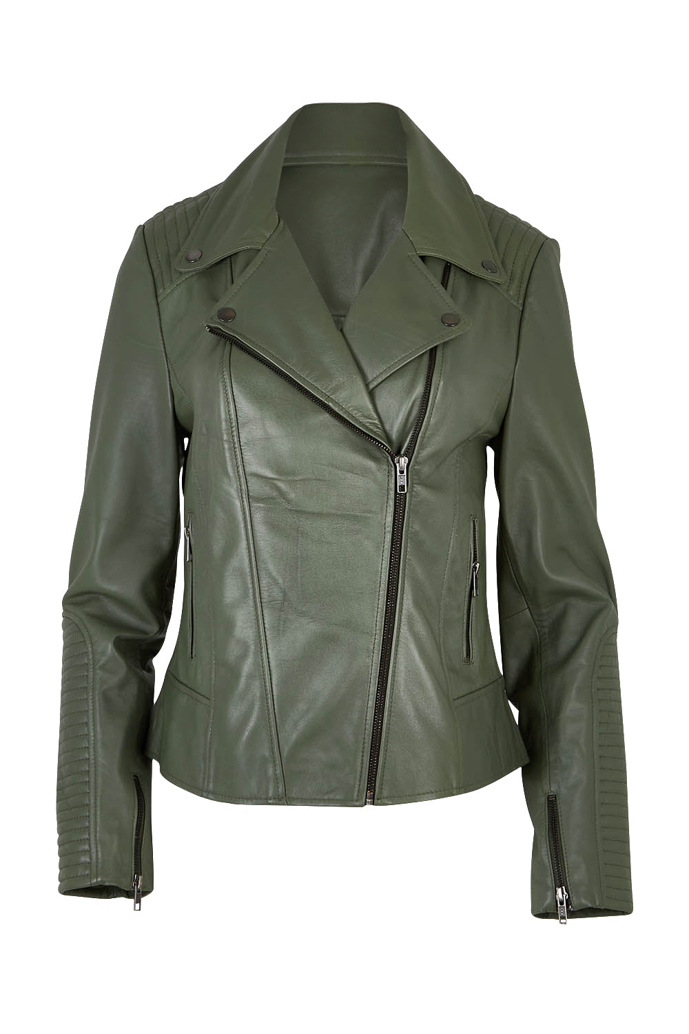 Product shot of the Urban Nomad Leather Jacket in colour Olive (Green), from the front