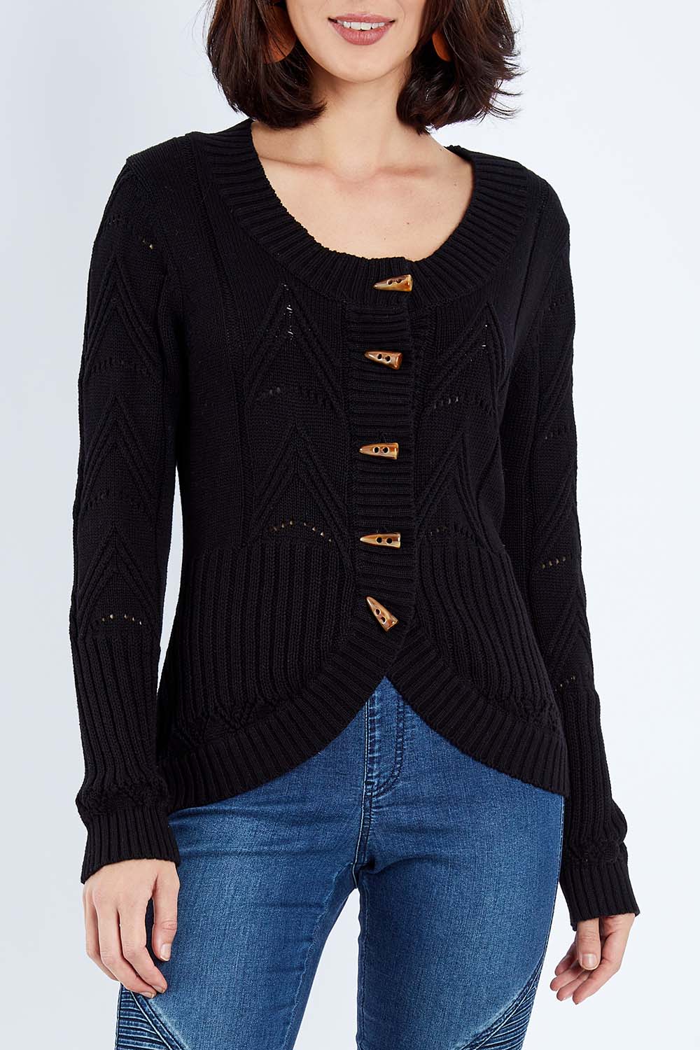 Model Andrea wearing size S of the Fireside Button Cardigan in colour Black (Black), from the front, cropped image