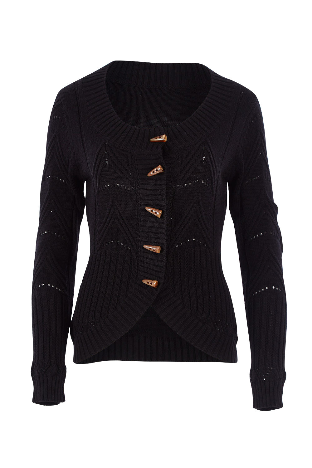 Product shot of the Fireside Button Cardigan in colour Black (Black), from the front