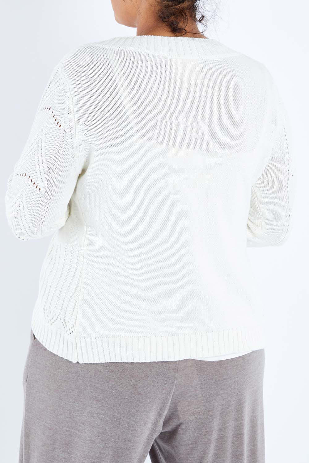 Model Sasha-Lee wearing size XL of the Fireside Button Cardigan in colour Snow (White), from the back