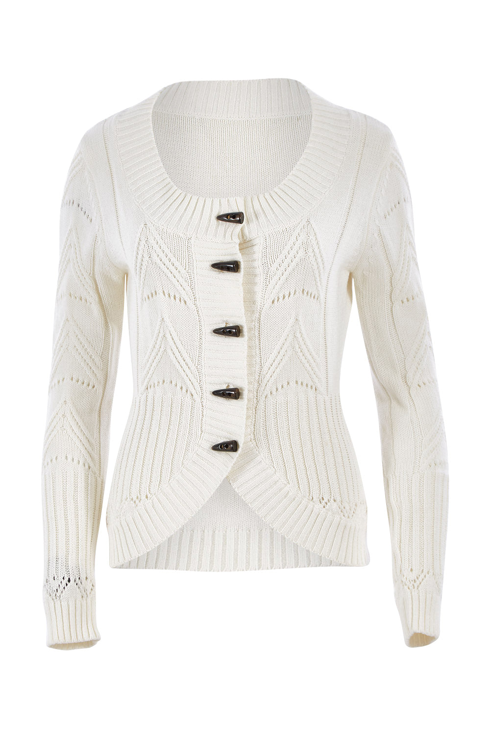 Product shot of the Fireside Button Cardigan in colour Snow (White), from the front