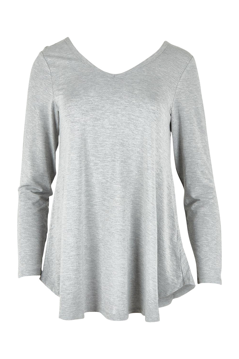 Product shot of the Long Sleeve Softly Swinging Bamboo Tee in colour Greymarle (Grey), from the front