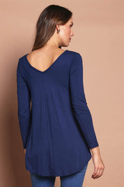 Model Madeline wearing size 10 of the Long Sleeve Softly Swinging Bamboo Tee in colour Navy (Blue), from the back
