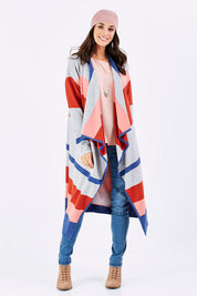 Model Georgia wearing size S of the Tribal Colours Cardigan in colour Rainbow (Grey), from the front, showing the whole outfit