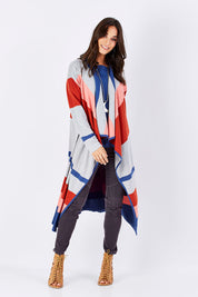 Model Georgia wearing size S of the Tribal Colours Cardigan in colour Rainbow (Grey), from the front, showing the whole outfit