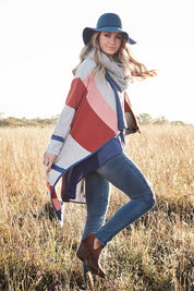 Model Marnee wearing size S of the Tribal Colours Cardigan in colour Rainbow (Grey), from the front, showing the whole outfit