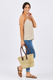 Model Georgia wearing size 10 of the Runaway Top in colour Sand, from the front, showing the whole outfit