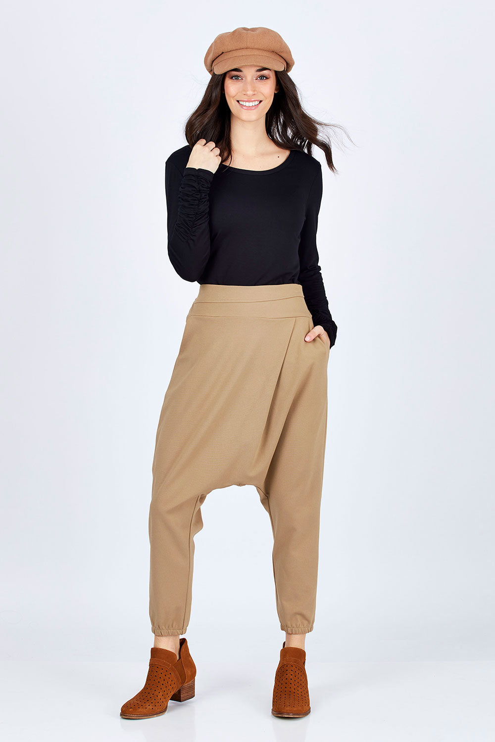 Model Georgia wearing size 10 of the Relax With Me Pants in colour Tobacco, from the front, showing the whole outfit