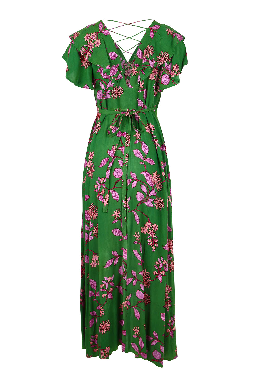 Product shot of the Bellezza Maxi Dress in colour Pinkfleur (Green), from the back