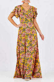Model Georgia wearing size 10 of the Bellezza Maxi Dress in colour Sunset, from the front, cropped image