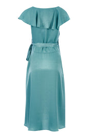 Product shot of the Amore Wrap Dress in colour Teal (Green), from the back