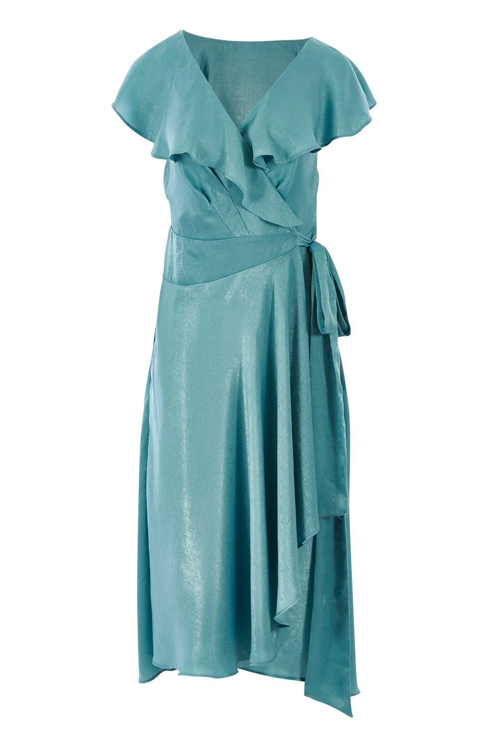 Product shot of the Amore Wrap Dress in colour Teal (Green), from the front