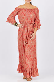 Model Georgia wearing size 10 of the In Light Of The Sun Maxi in colour Red (Red), from the front, cropped image