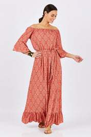 Model Georgia wearing size 10 of the In Light Of The Sun Maxi in colour Red (Red), from the front, showing the whole outfit