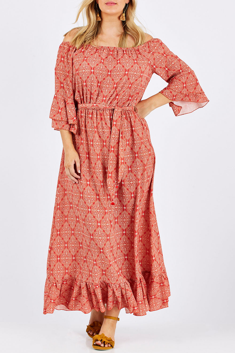 Model Jess wearing size 12 of the In Light Of The Sun Maxi in colour Red (Red), from the front, cropped image