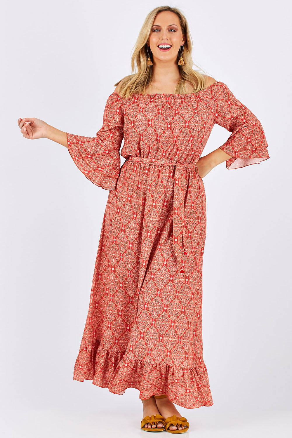 Model Jess wearing size 12 of the In Light Of The Sun Maxi in colour Red (Red), from the front, showing the whole outfit