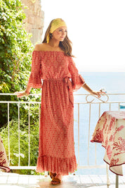 Model Marnee wearing size 10 of the In Light Of The Sun Maxi in colour Red (Red), from the front, showing the whole outfit