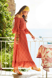 Model Marnee wearing size 10 of the In Light Of The Sun Maxi in colour Red (Red), from the front, showing the whole outfit