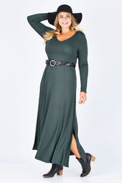 Model Fiona wearing size 16 of the My Faithful Maxi Tee Dress in colour Army (Black), from the front, showing the whole outfit