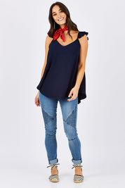 Model Georgia wearing size 10 of the Romance All Around Top in colour Navy (Blue), from the front, showing the whole outfit