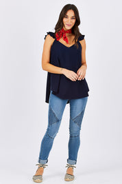 Model Georgia wearing size 10 of the Romance All Around Top in colour Navy (Blue), from the front, showing the whole outfit