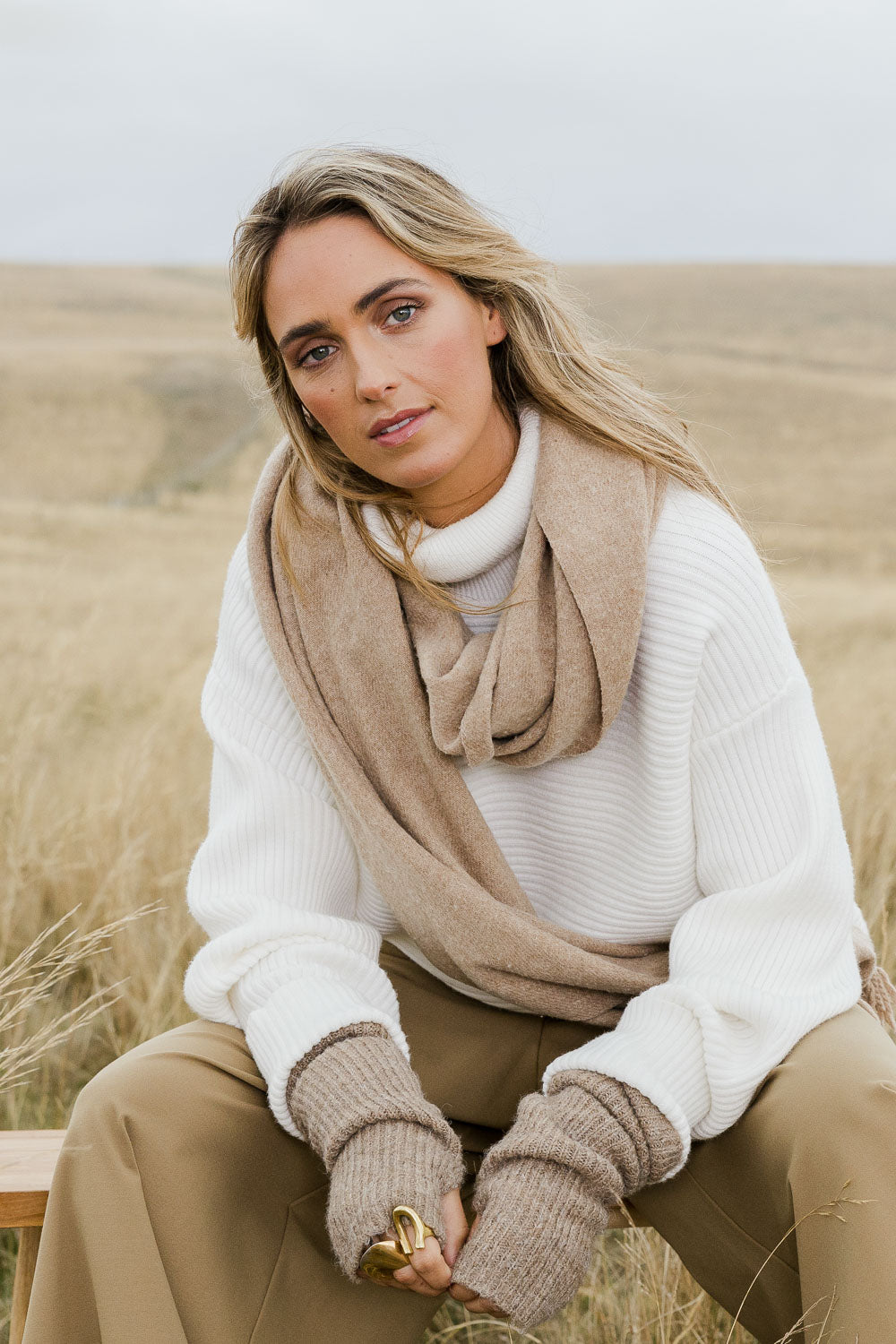 Model Tegan wearing size S of the Roll With Me Jumper in colour Chalk (White), from the front, showing the whole outfit