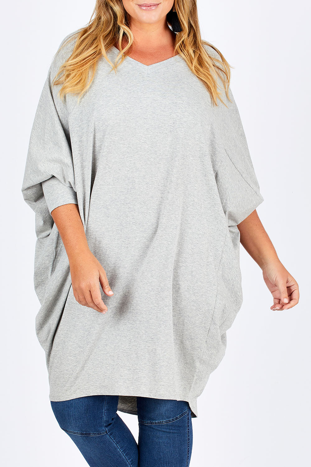 Model Fiona wearing size 16 of the Sunshine In Me Dress in colour GreyMarle (Grey), from the front, cropped image