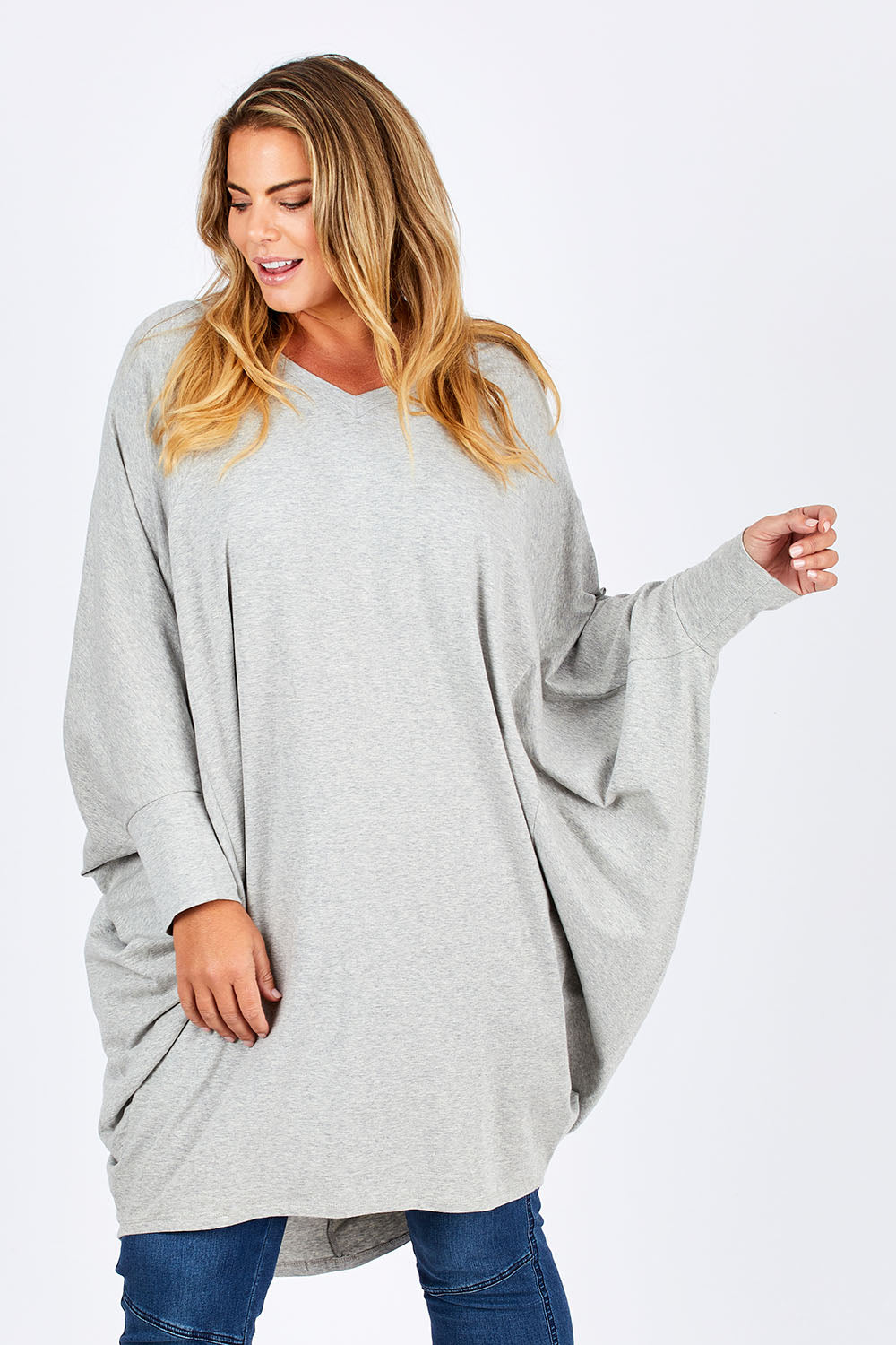 Model Fiona wearing size 16 of the Sunshine In Me Dress in colour GreyMarle (Grey), from the front, cropped image