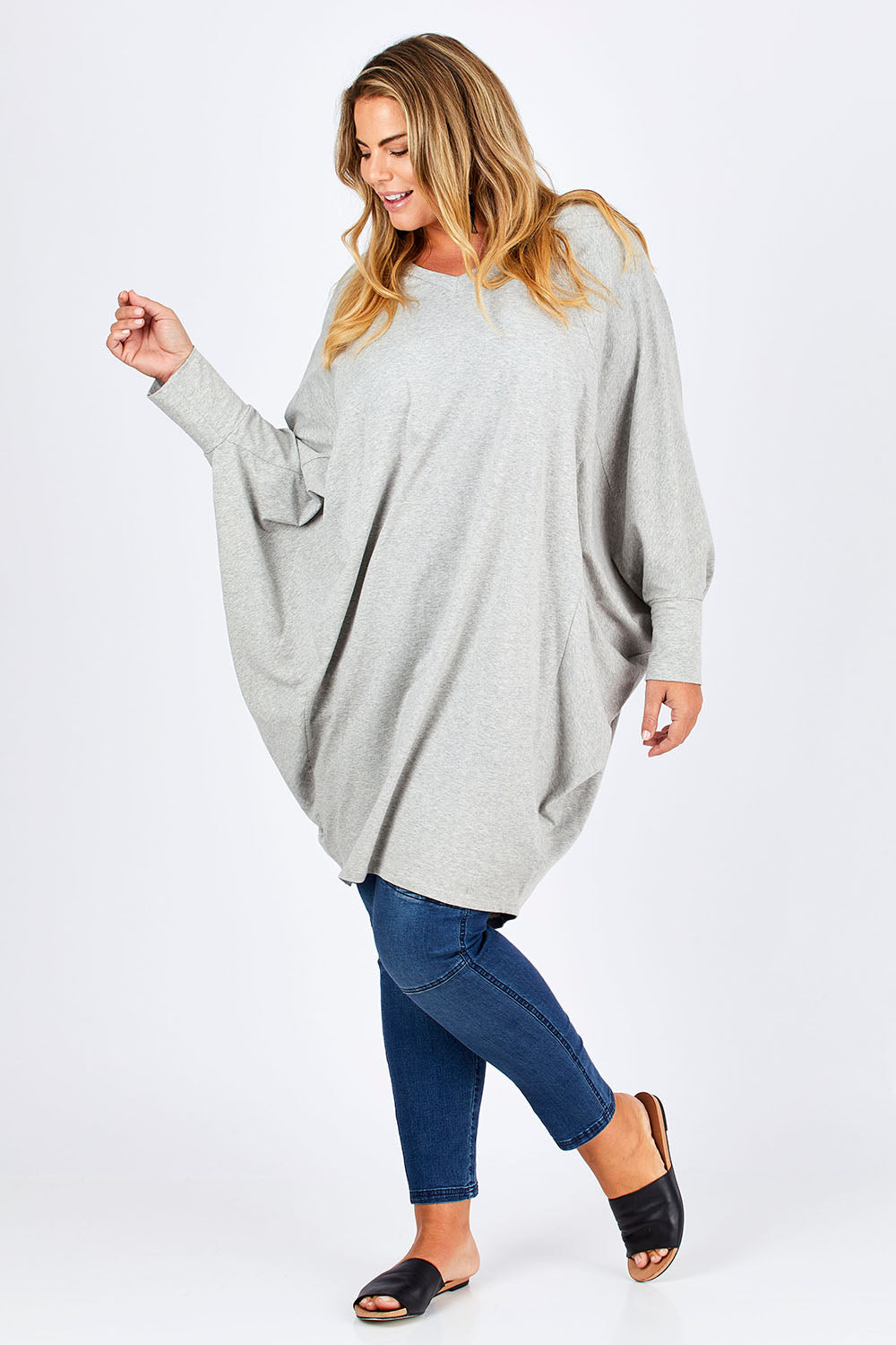 Model Fiona wearing size 16 of the Sunshine In Me Dress in colour GreyMarle (Grey), from the front, showing the whole outfit