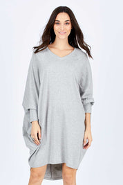 Model Georgia wearing size 10 of the Sunshine In Me Dress in colour GreyMarle (Grey), from the front, cropped image