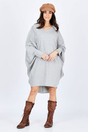 Model Georgia wearing size 10 of the Sunshine In Me Dress in colour GreyMarle (Grey), from the front, showing the whole outfit