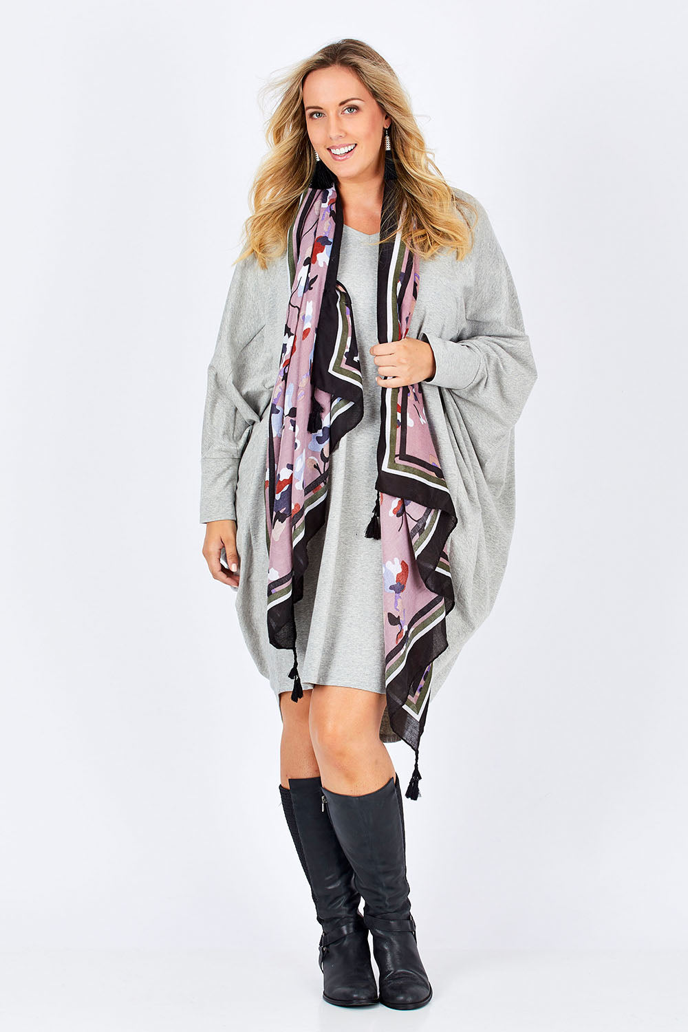 Model Jess wearing size 14 of the Sunshine In Me Dress in colour GreyMarle (Grey), from the front, showing the whole outfit