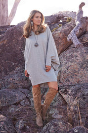 Model Marnee wearing size 10 of the Sunshine In Me Dress in colour GreyMarle (Grey), from the front, showing the whole outfit