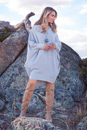 Model Marnee wearing size 10 of the Sunshine In Me Dress in colour GreyMarle (Grey), from the front, showing the whole outfit