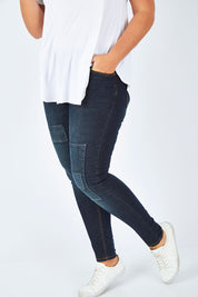 Model Fiona wearing size 16 of the You Patched Me All Up Jeans in colour Denim (Blue), from the front, cropped image