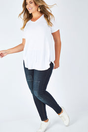 Model Fiona wearing size 16 of the You Patched Me All Up Jeans in colour Denim (Blue), from the front, showing the whole outfit