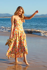 Model Marnee wearing size 10 of the Dancing By Sunset Dress in colour Floralspot, from the front, showing the whole outfit