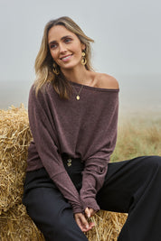 Model Tegan wearing size 10 of the Snuggle Up Jumper in colour Cocoa, from the front, showing the whole outfit