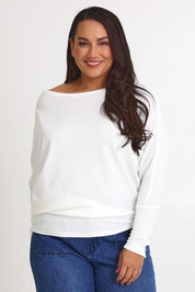 Model Ashleigh wearing size 16 of the Snuggle Up Jumper in colour Ivory (White), from the front, cropped image