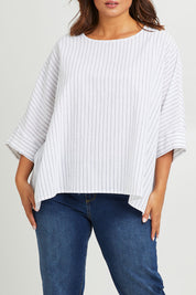 Model Monique wearing size 14 of the Joy And Laughter Slouch Top in colour Whitestrip (White), from the front, cropped image