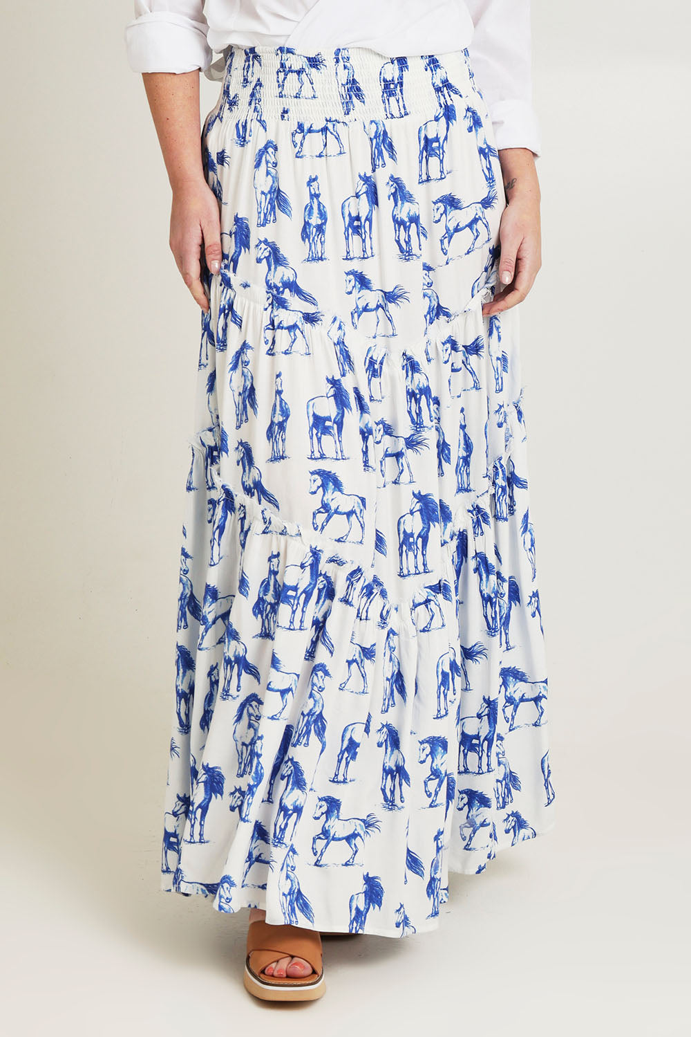 Model Jane wearing size 14 of the Skirting Around The Garden Skirt in colour Whitehorse (White), from the front, cropped image
