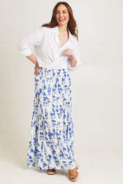Model Jane wearing size 14 of the Skirting Around The Garden Skirt in colour Whitehorse (White), from the front, showing the whole outfit